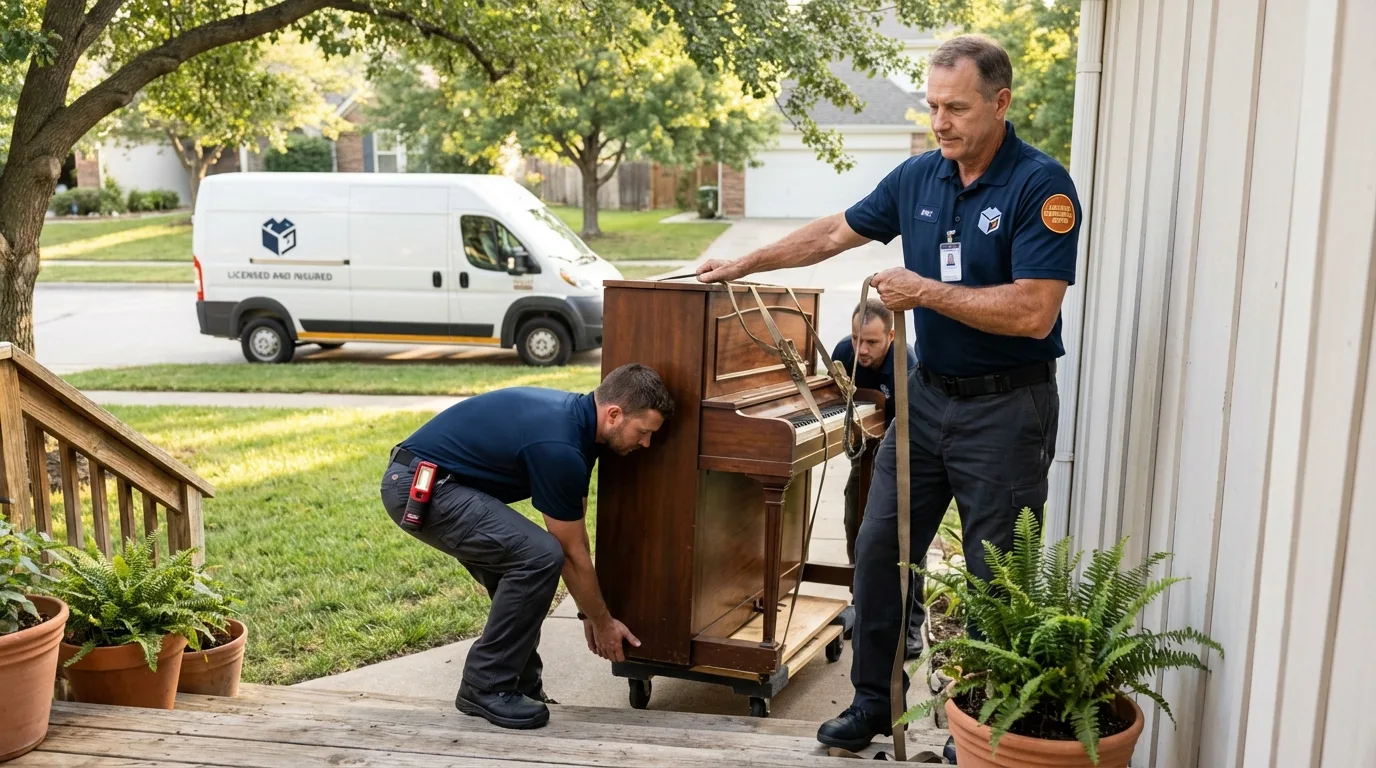 Licensed piano movers securing grand piano in Groesbeck, TX