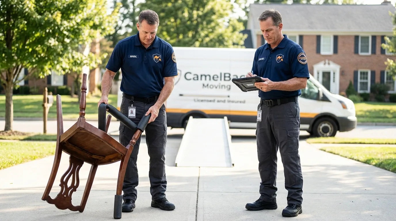 Movers inspecting furniture for damage prevention before loading in Groesbeck, TX