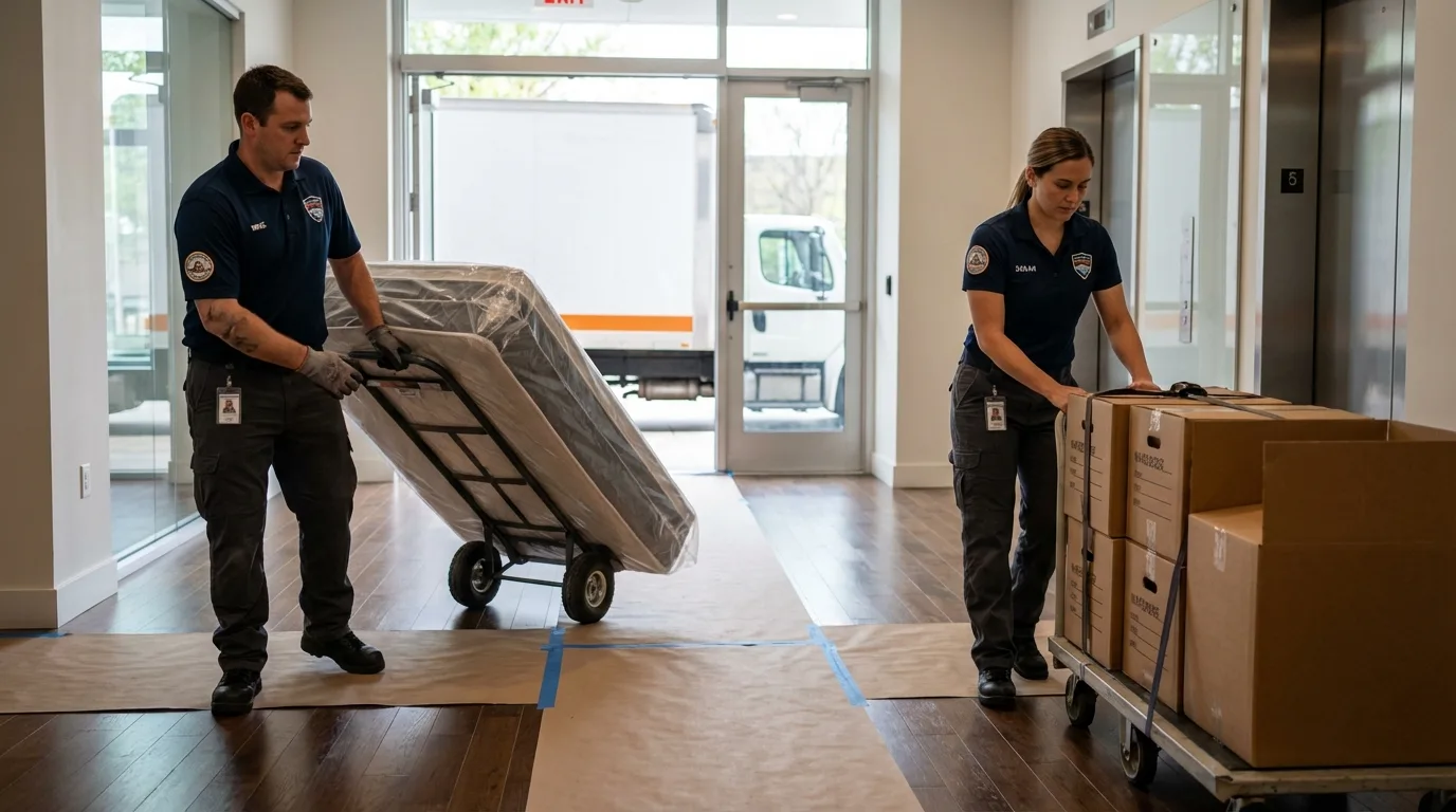 Professional apartment movers loading elevator in Groesbeck, TX